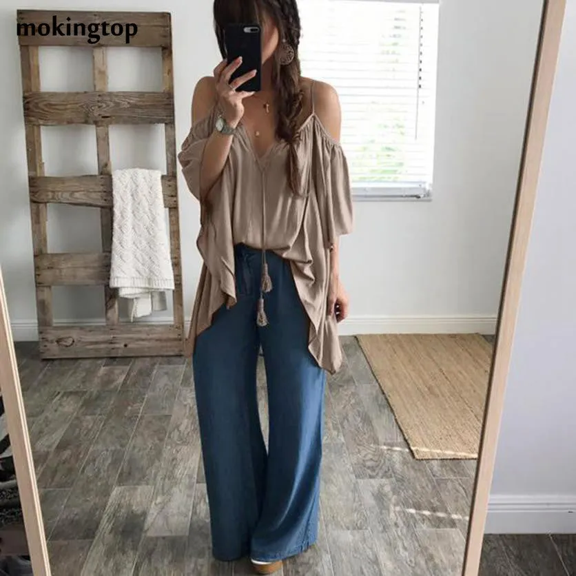 mokingtop Chiffon T Shirt Women Short Sleeve Loose Beach Shirt Blusas Off Shoulder Lacing Up Summer Shirt Roupa Feminina#121 SM6