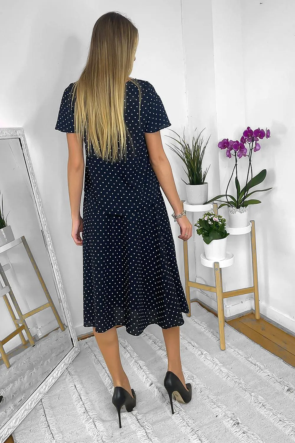 Navy Polka Dot Frilled Top And Midi Skirt Set