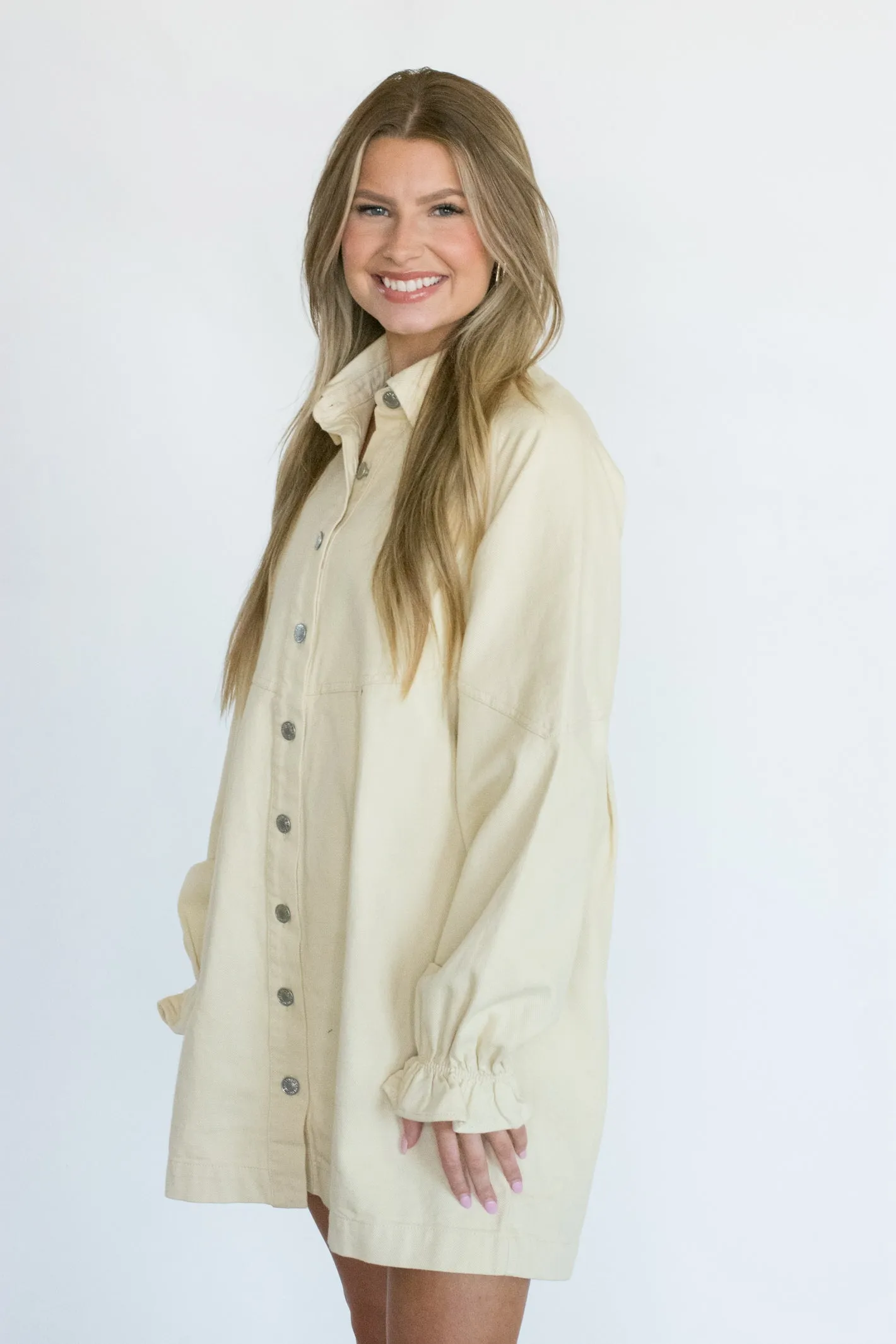 Need a Favor Cream Button Up Denim Dress