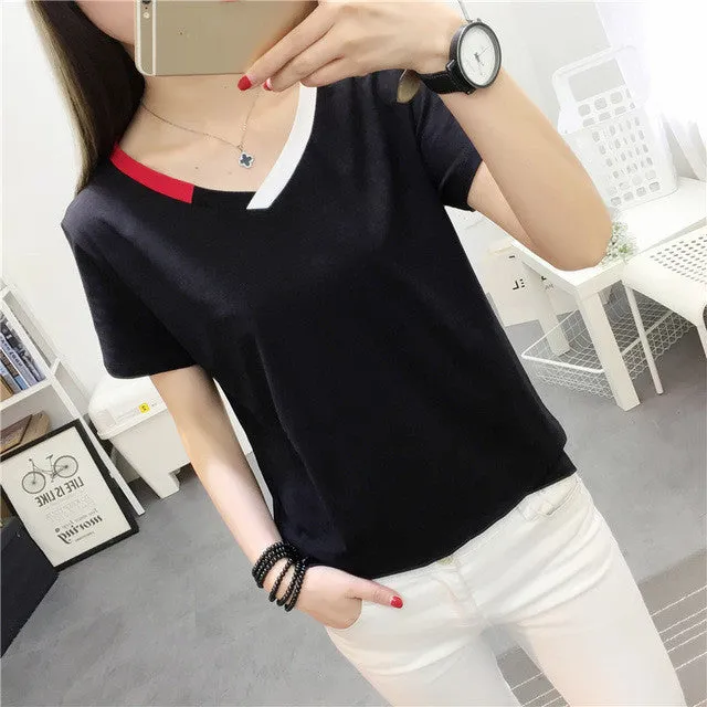 New Fashion Women Short Sleeve T shirts Patchwork t-shirt Female Top O-neck Woman tee 72295 GS