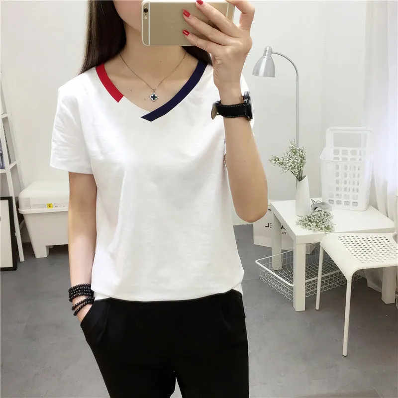 New Fashion Women Short Sleeve T shirts Patchwork t-shirt Female Top O-neck Woman tee 72295 GS