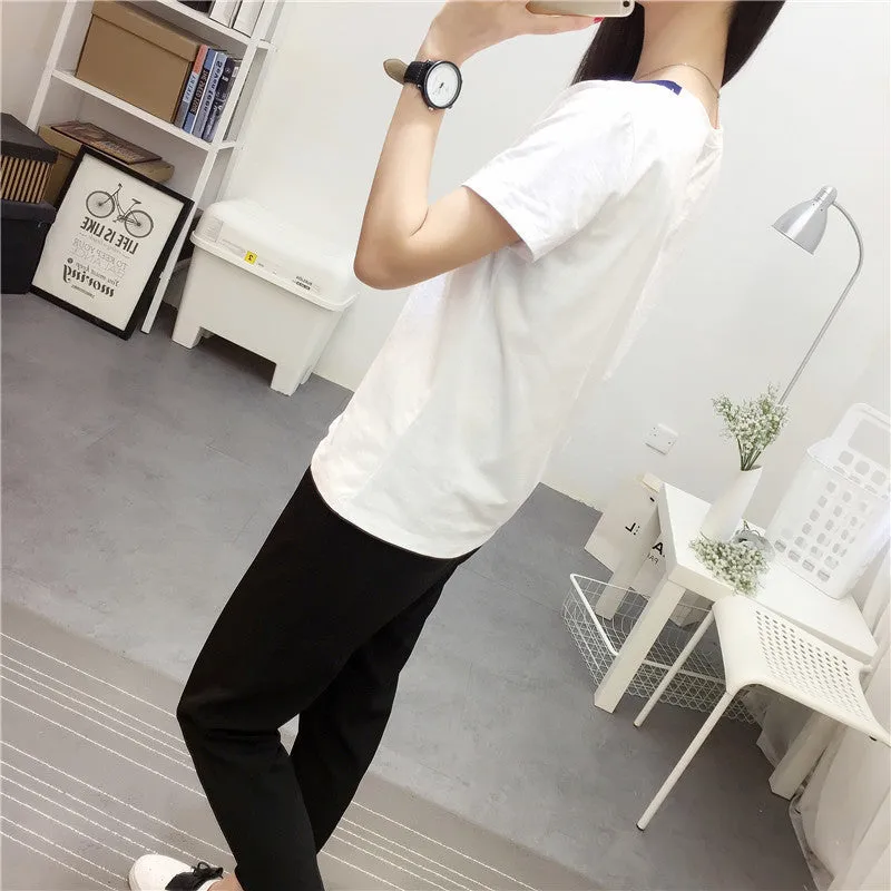 New Fashion Women Short Sleeve T shirts Patchwork t-shirt Female Top O-neck Woman tee 72295 GS