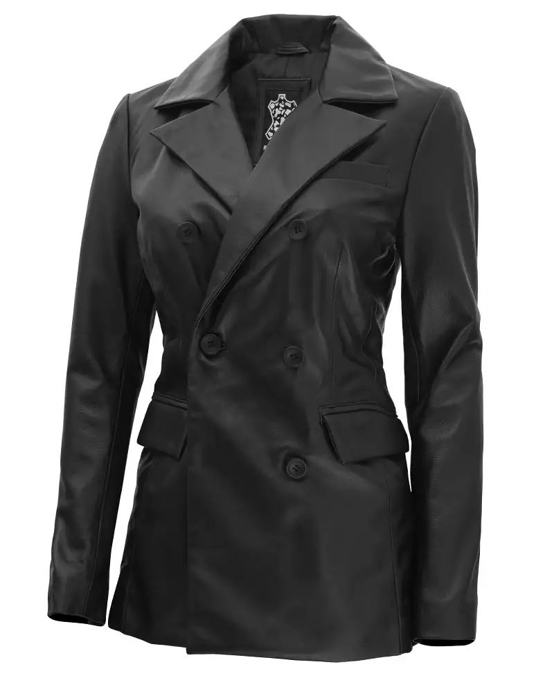 Notch Lapel Collar Double Breasted Black Leather Coat Women