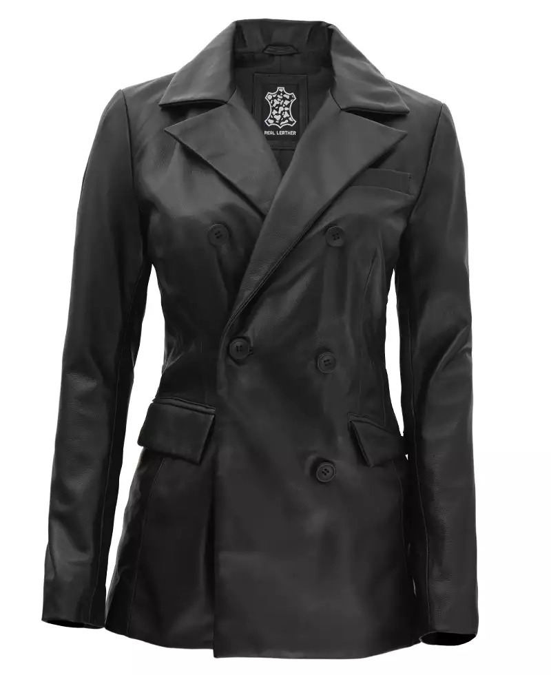 Notch Lapel Collar Double Breasted Black Leather Coat Women