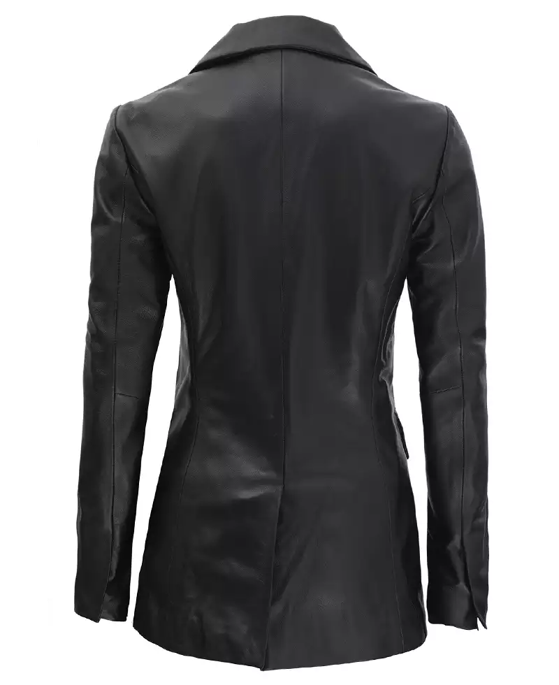 Notch Lapel Collar Double Breasted Black Leather Coat Women