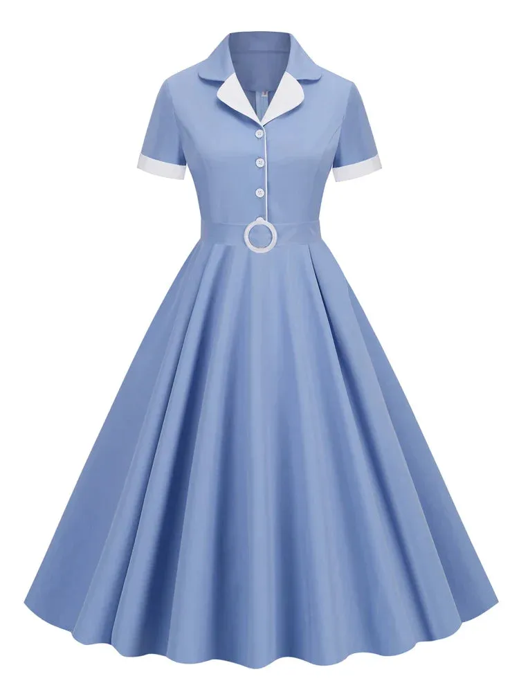 Notched Collar Button Up New In Vintage Solid Dresses Women Short Sleeve Belted Midi Length Swing Dress Elegant