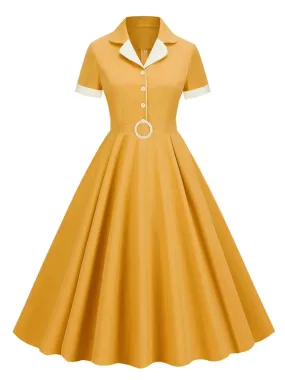 Notched Collar Button Up New In Vintage Solid Dresses Women Short Sleeve Belted Midi Length Swing Dress Elegant