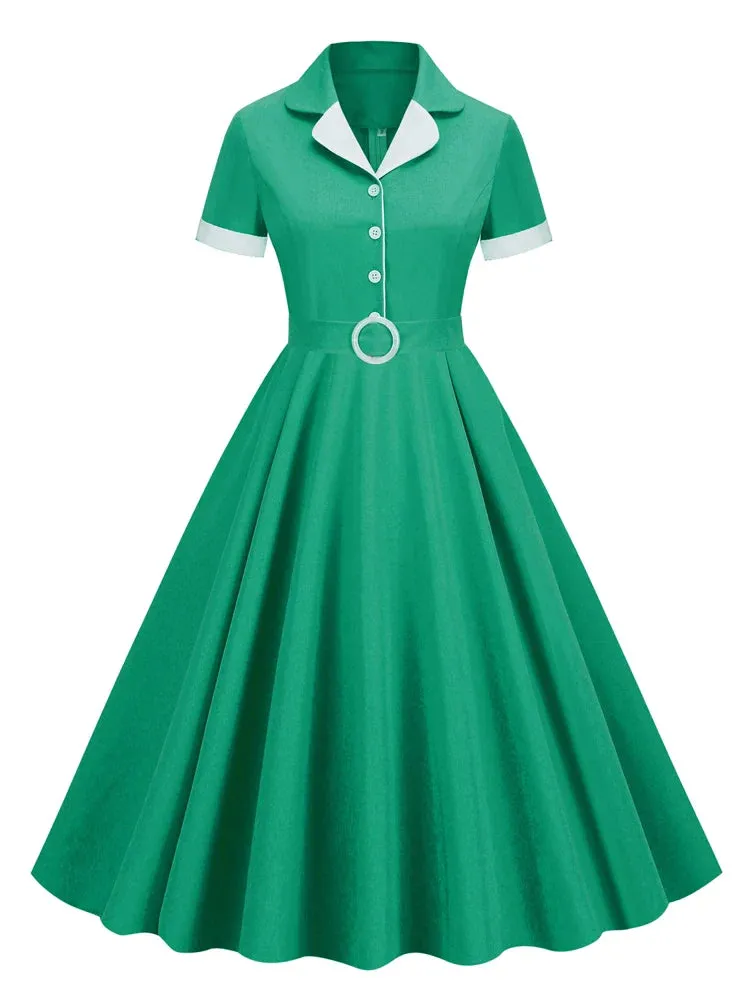 Notched Collar Button Up New In Vintage Solid Dresses Women Short Sleeve Belted Midi Length Swing Dress Elegant