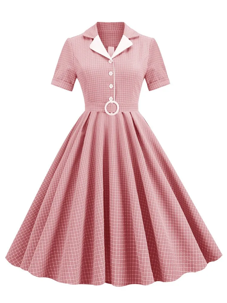 Notched Collar Buttons Belted Vintage Plaid Women Short Sleeve 50s Robe Turquoise Swing Midi Dress