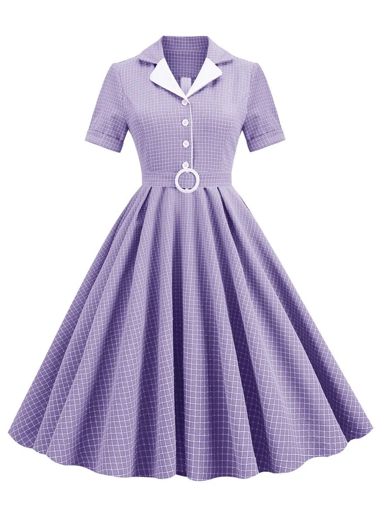 Notched Collar Buttons Belted Vintage Plaid Women Short Sleeve 50s Robe Turquoise Swing Midi Dress