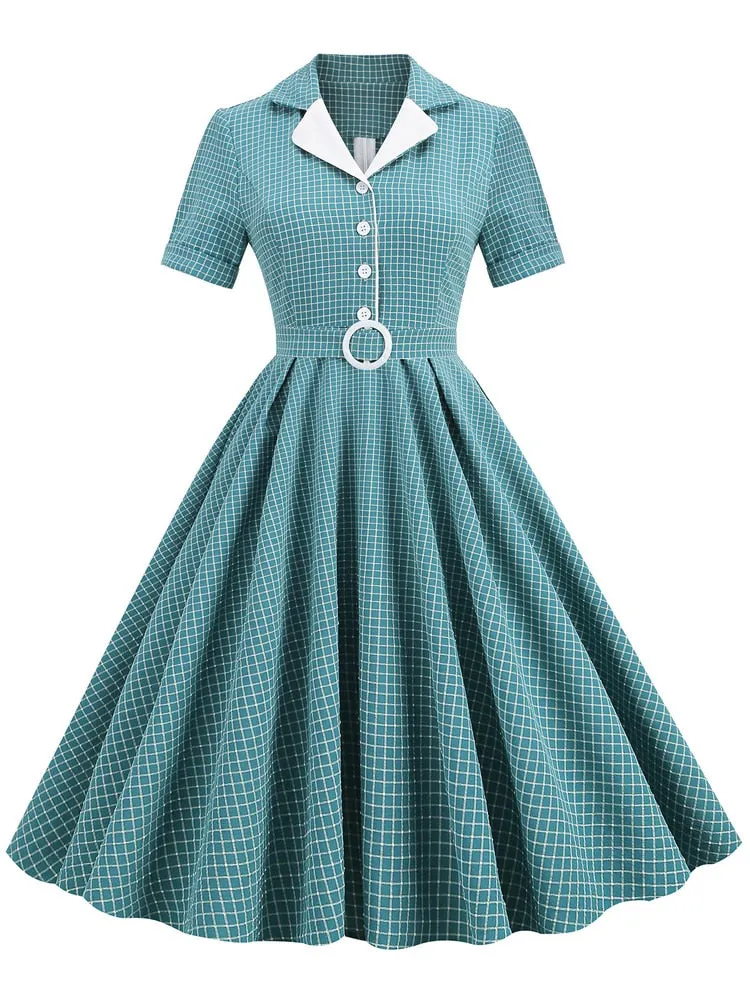 Notched Collar Buttons Belted Vintage Plaid Women Short Sleeve 50s Robe Turquoise Swing Midi Dress