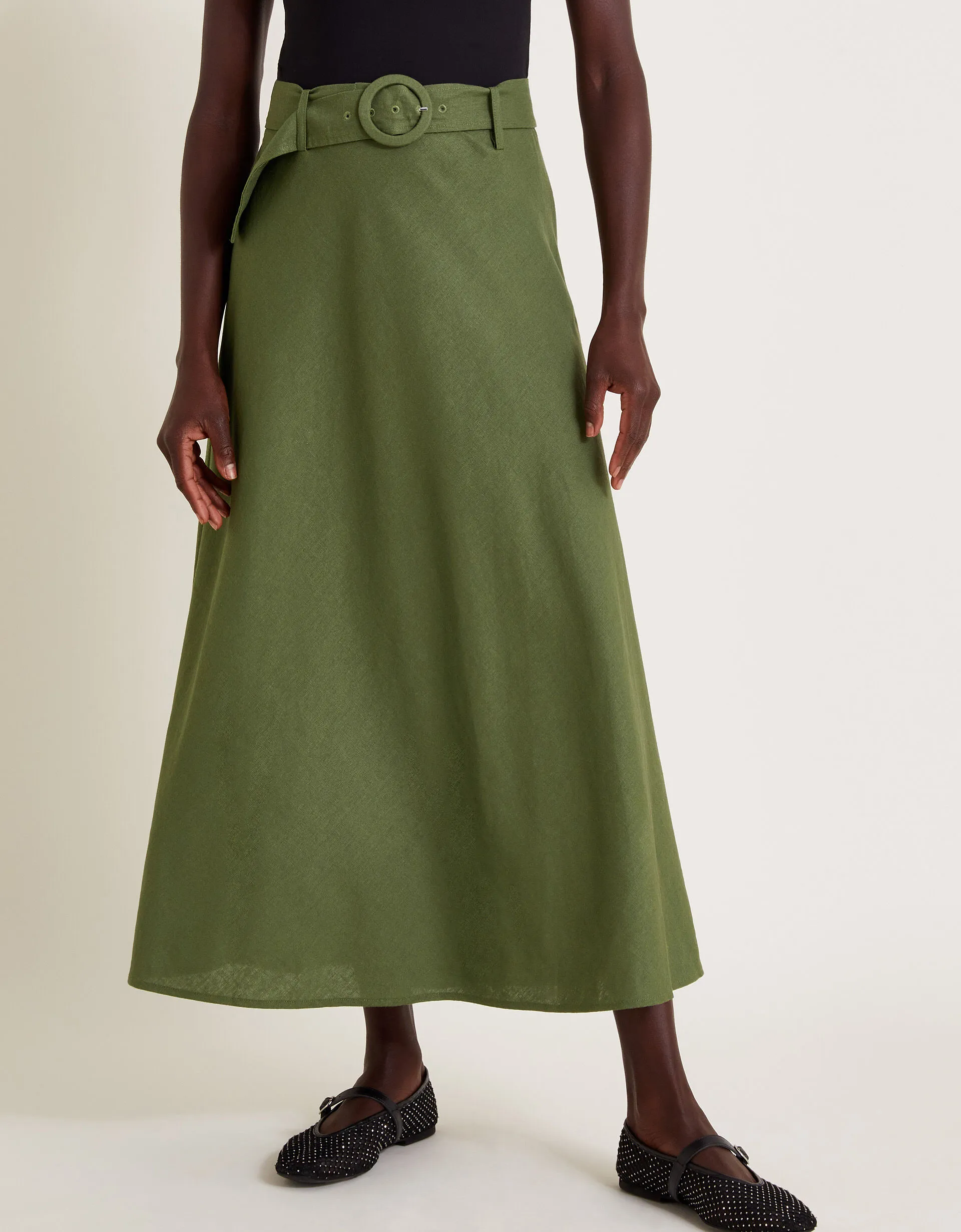 Olive Belted Midi Skirt Green