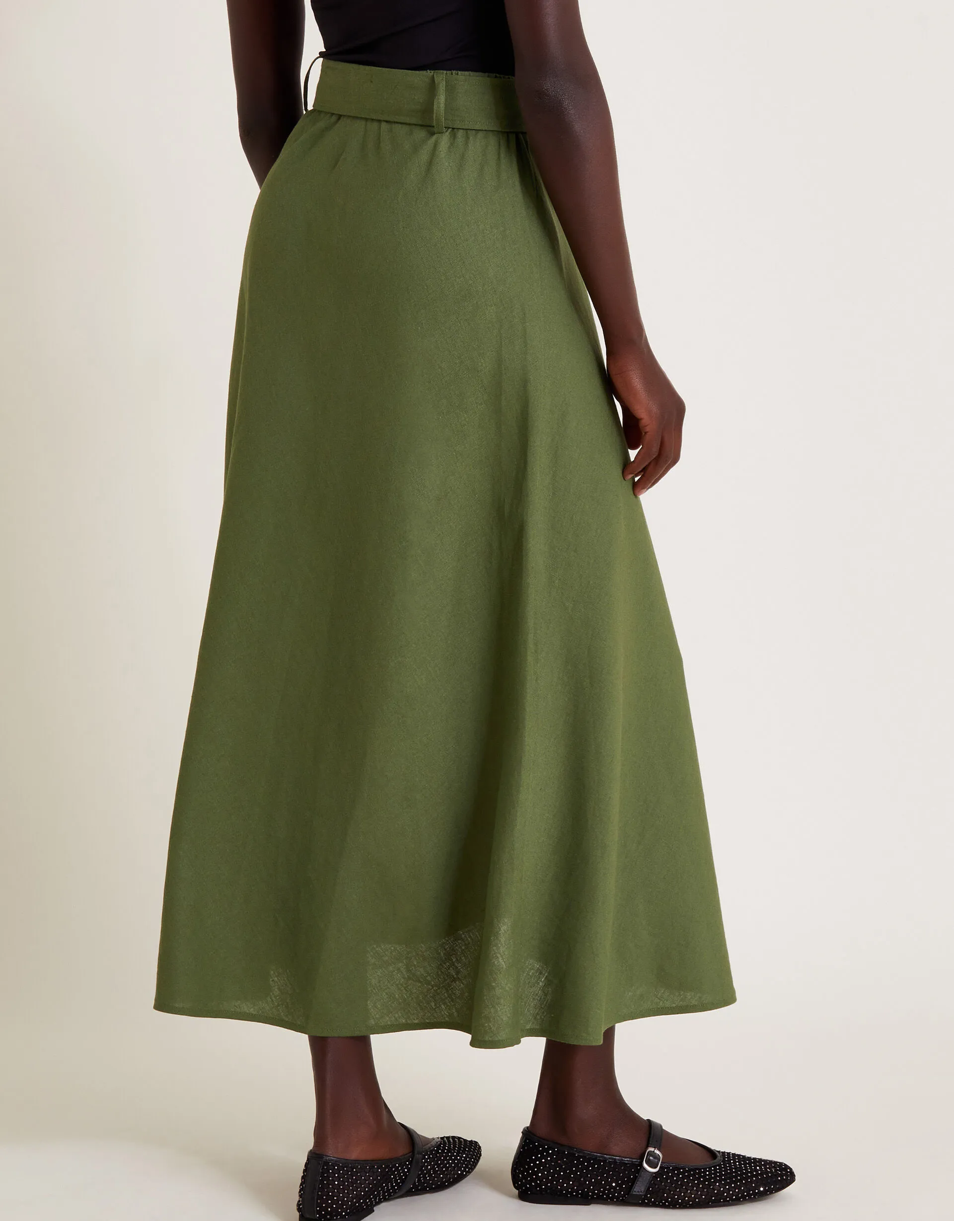 Olive Belted Midi Skirt Green