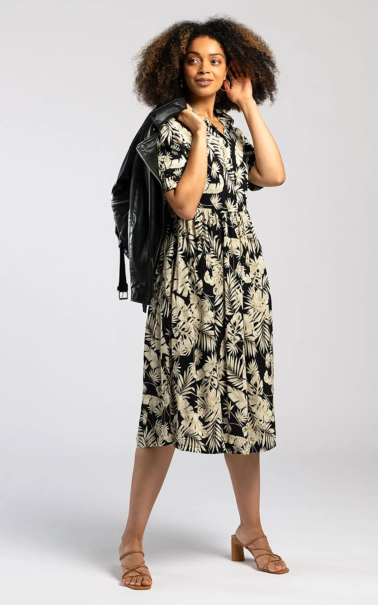 Pentlebay Clothing Midi Shirt Dress In Black Leaf Print