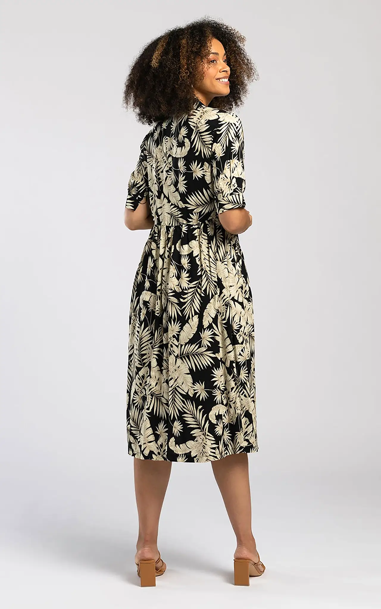 Pentlebay Clothing Midi Shirt Dress In Black Leaf Print