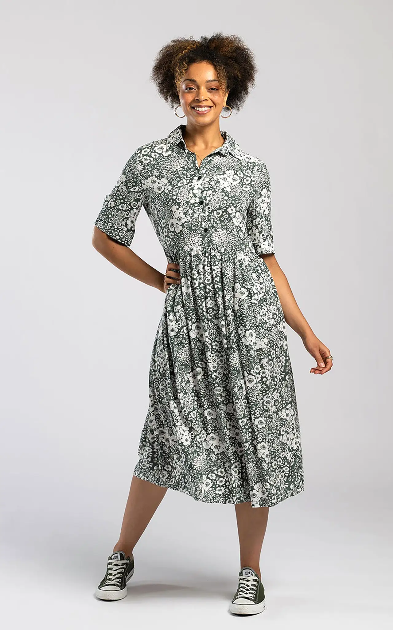 Pentlebay Clothing Midi Shirt Dress In Sage Green Floral