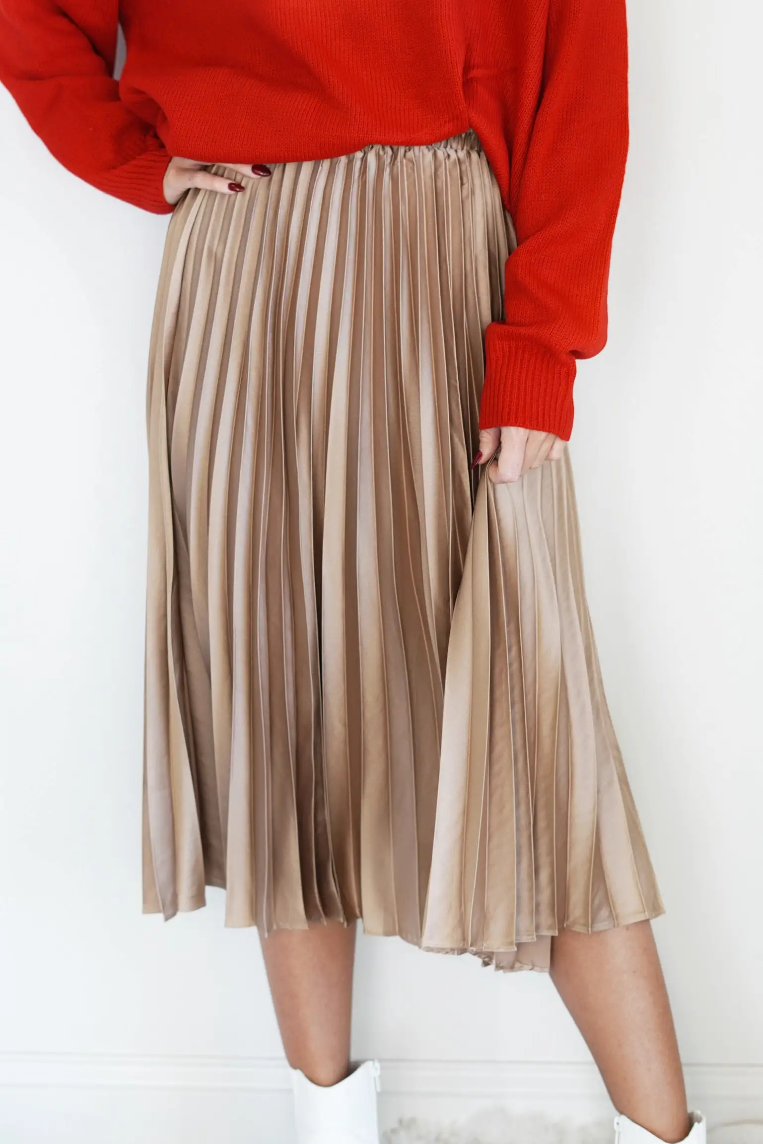 Perry Pleated Satin Midi Skirt