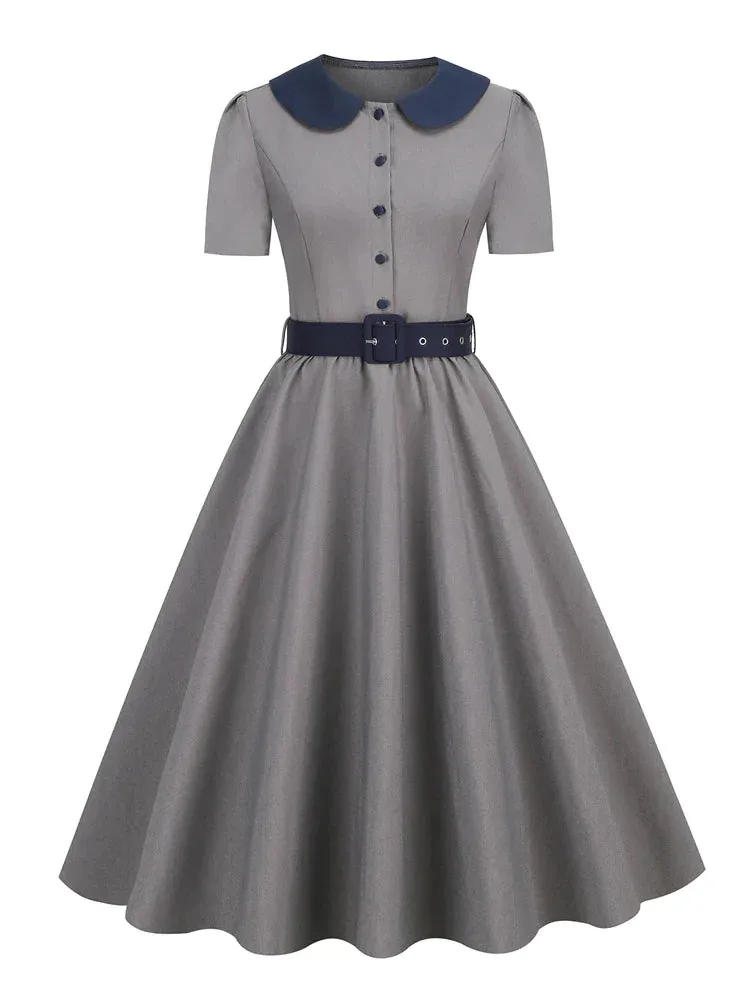 Peter Pan Collar Button Up Pinup Retro Pleated Midi Dress for Women Short Sleeve Elegant Vintage Dresses with Belt