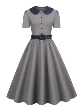 Peter Pan Collar Button Up Pinup Retro Pleated Midi Dress for Women Short Sleeve Elegant Vintage Dresses with Belt