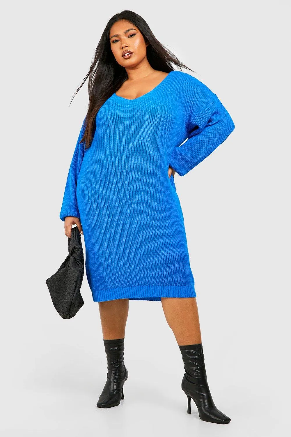 Plus V Neck Sweater Mini Dress