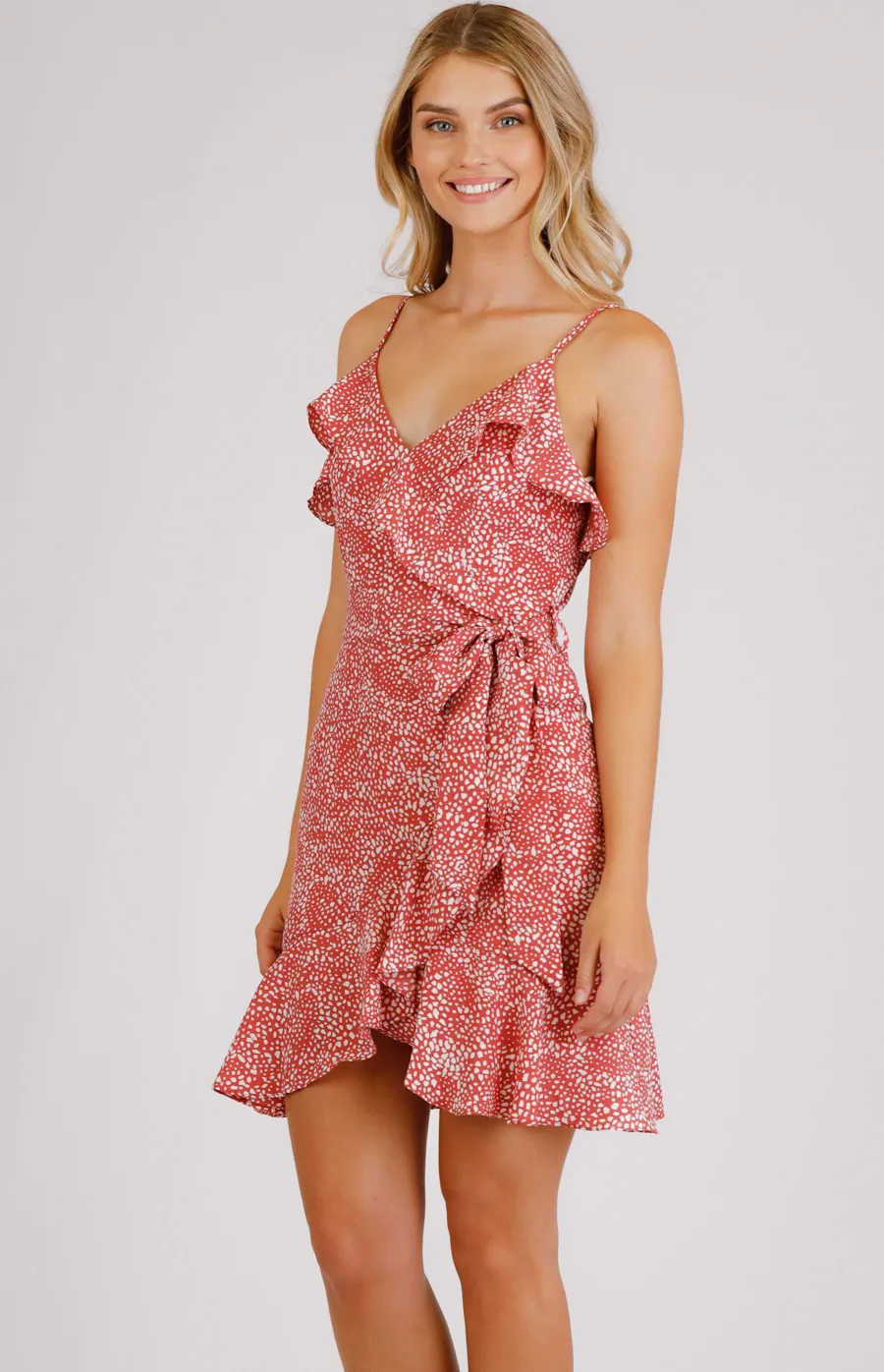 Printed V-neckline Wrap Dress with Frill Details (SDR696A)