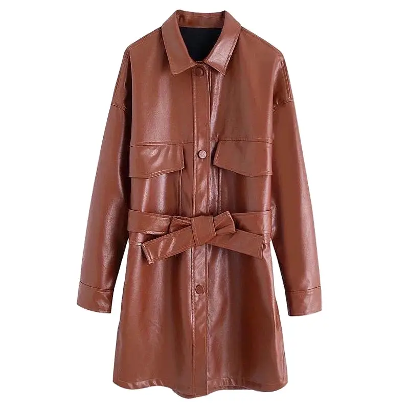 PU Leather Pocket Detailed Belted Shirt Dress in Brown