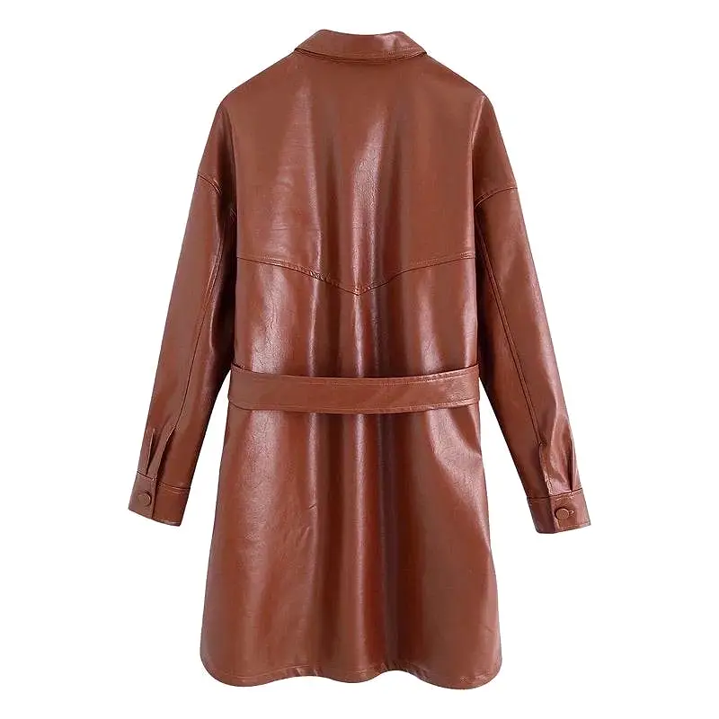 PU Leather Pocket Detailed Belted Shirt Dress in Brown