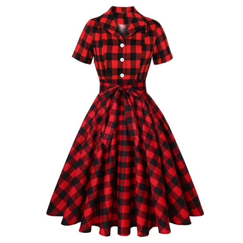 Red and Black Plaid Vintage Button Up Cotton Women Short Sleeve Belted A Line Rockabilly Dress