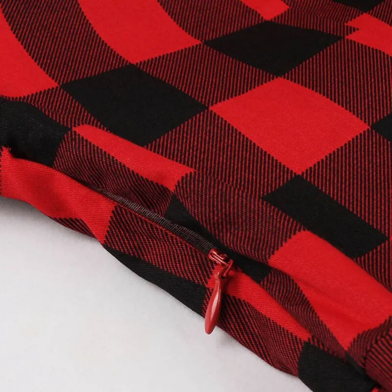 Red and Black Plaid Vintage Button Up Cotton Women Short Sleeve Belted A Line Rockabilly Dress