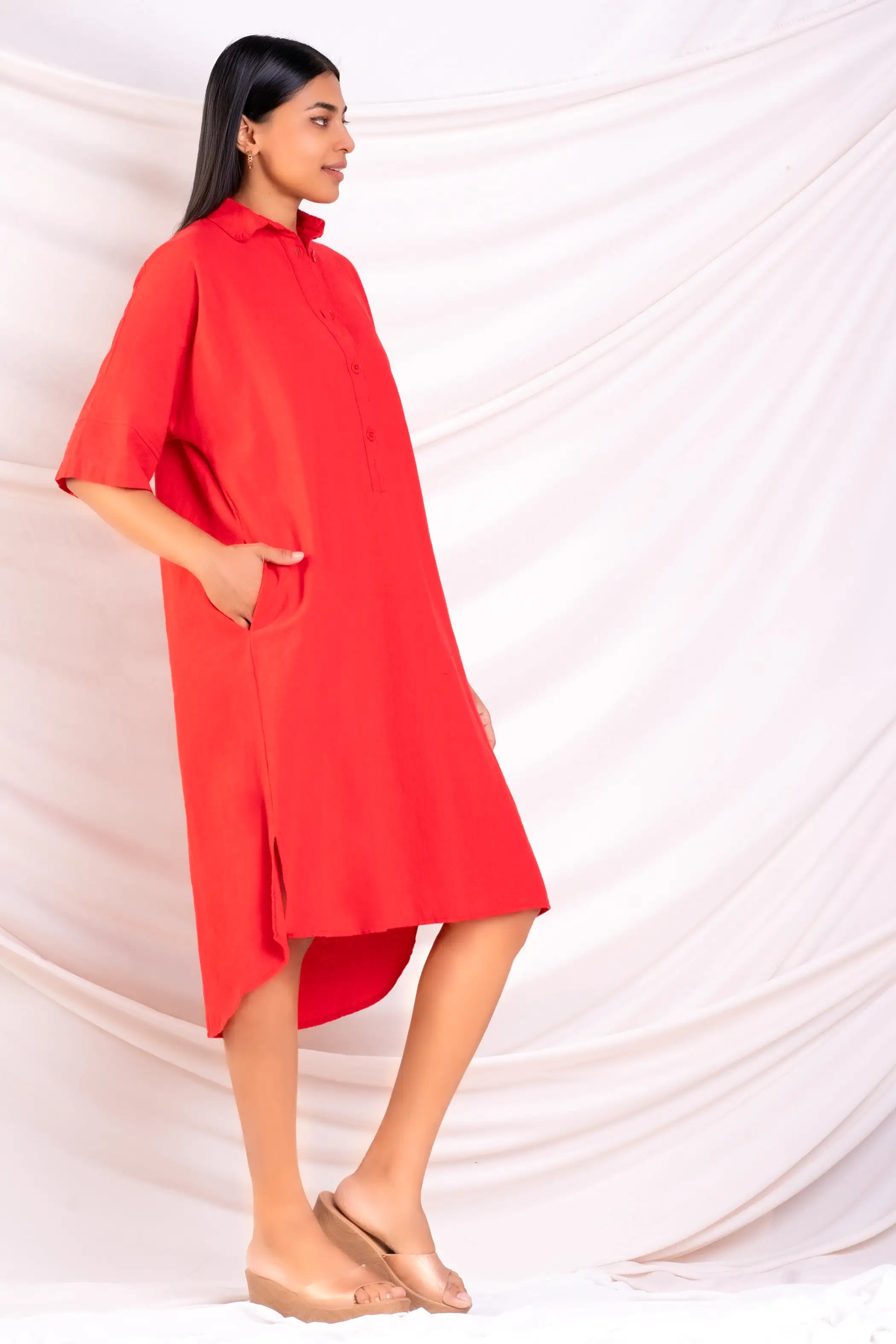 Red Oversized Midi Shirt Dress