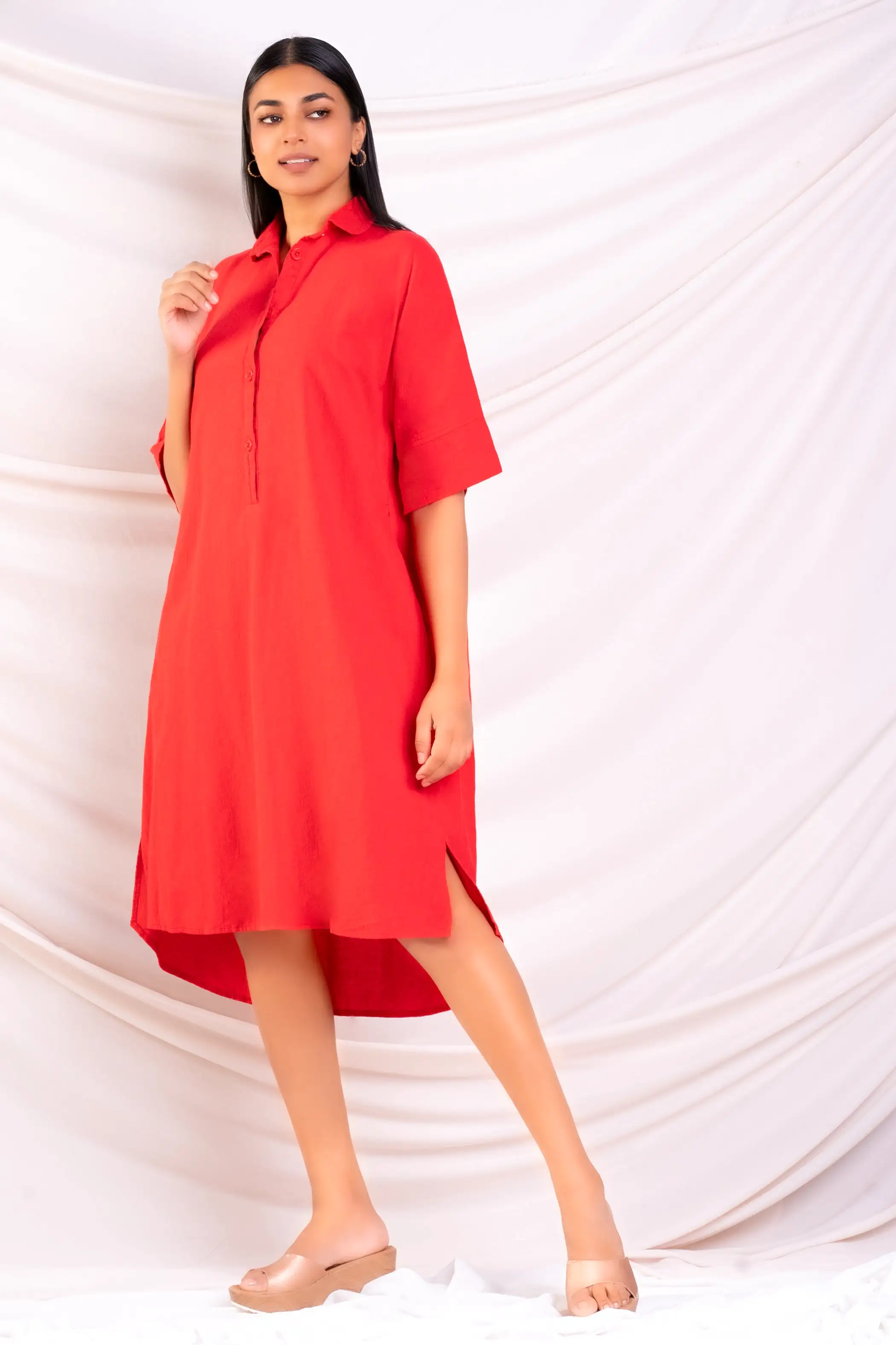 Red Oversized Midi Shirt Dress