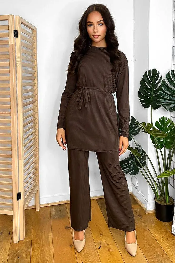 Relaxed Fit Ribbed Finish Tunic And Trousers Set