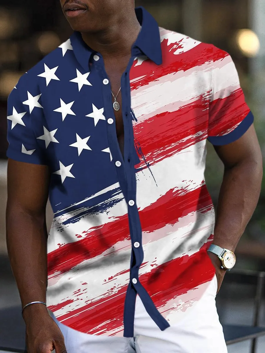 Retro American Flag Print Casual Short Sleeve Shirt