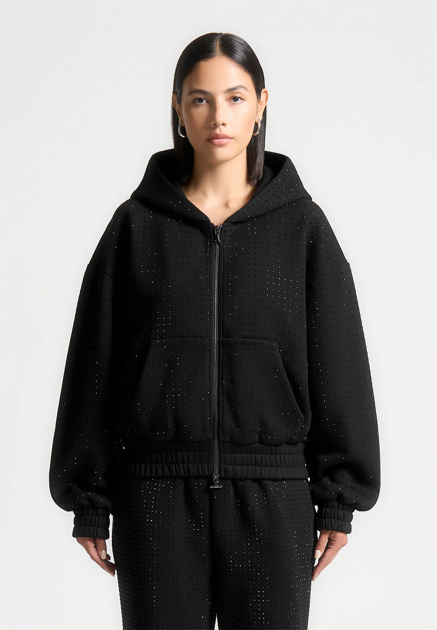 Rhinestone Zip Through Hoodie - Black