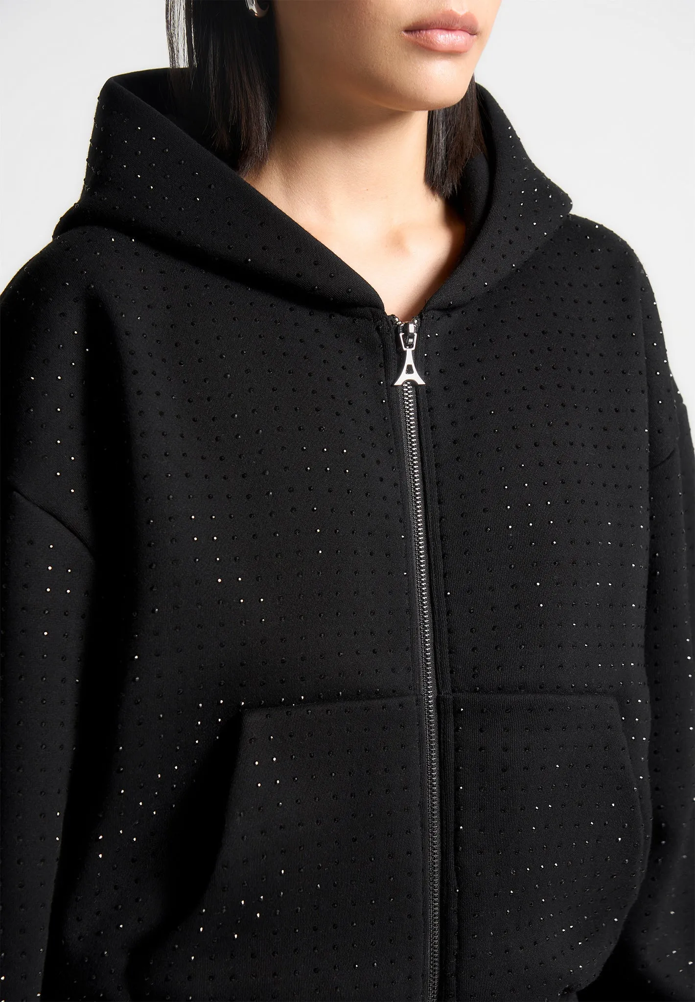 Rhinestone Zip Through Hoodie - Black