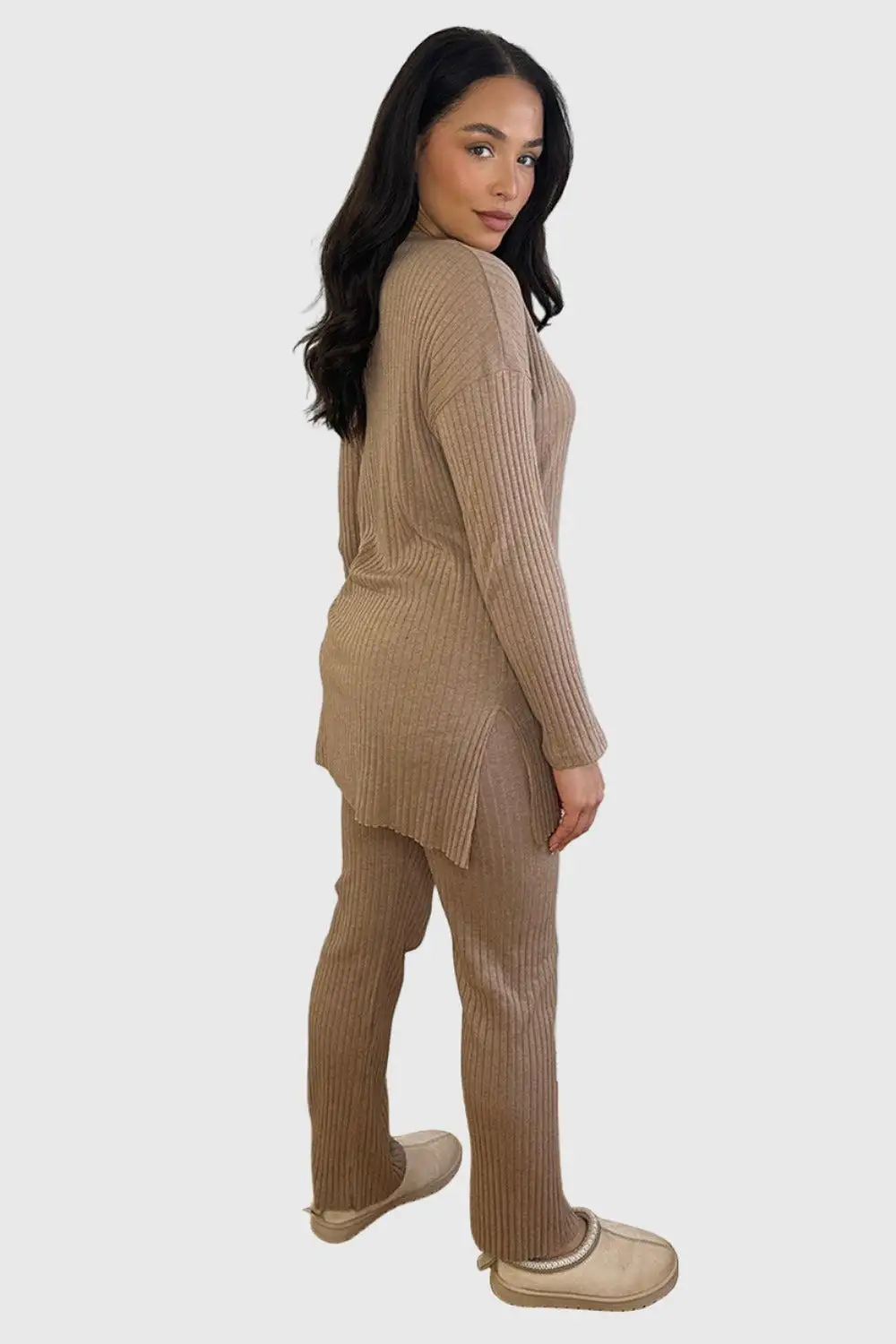 Ribbed Jersey High Neck Tunic And Trousers Set