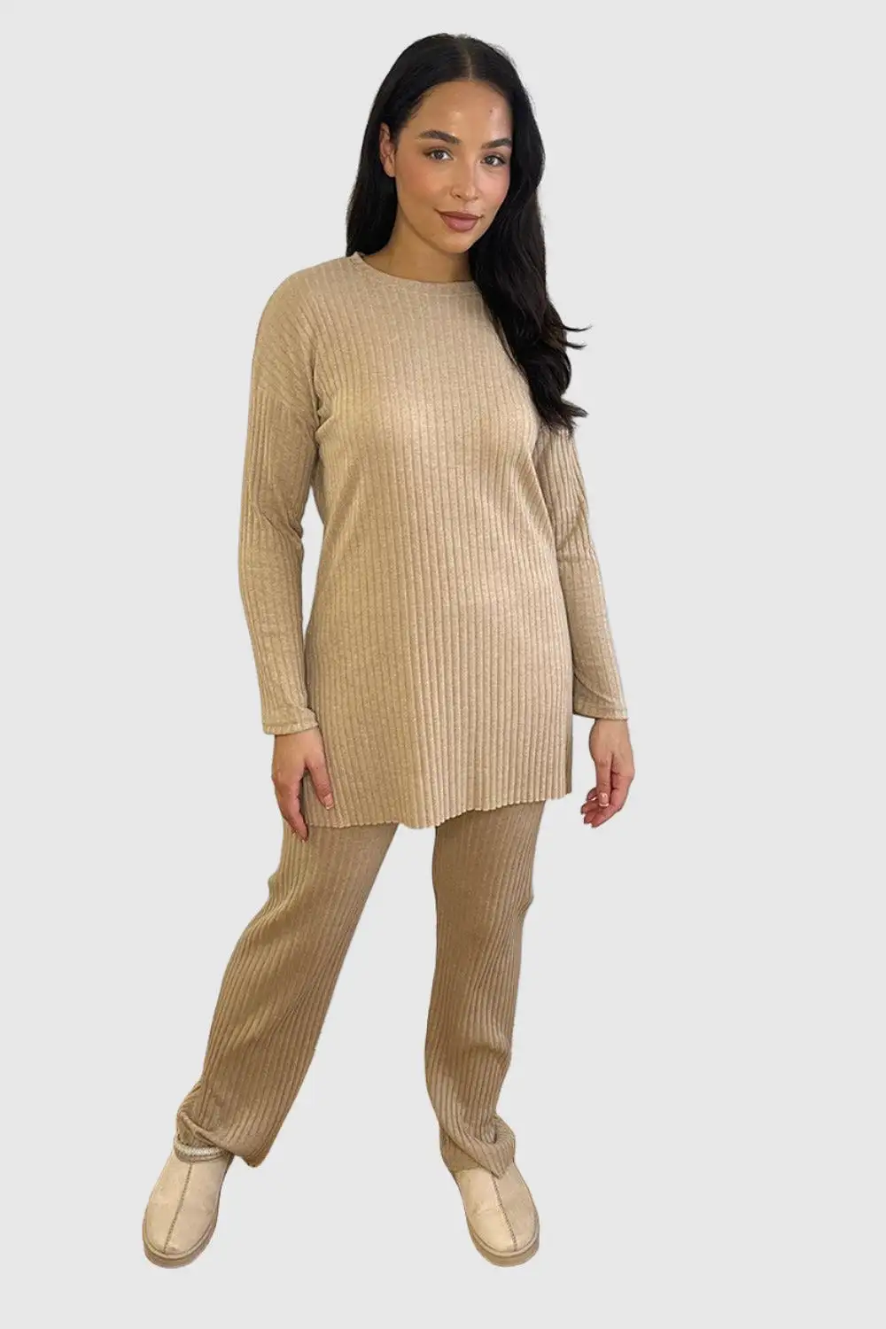 Ribbed Jersey High Neck Tunic And Trousers Set