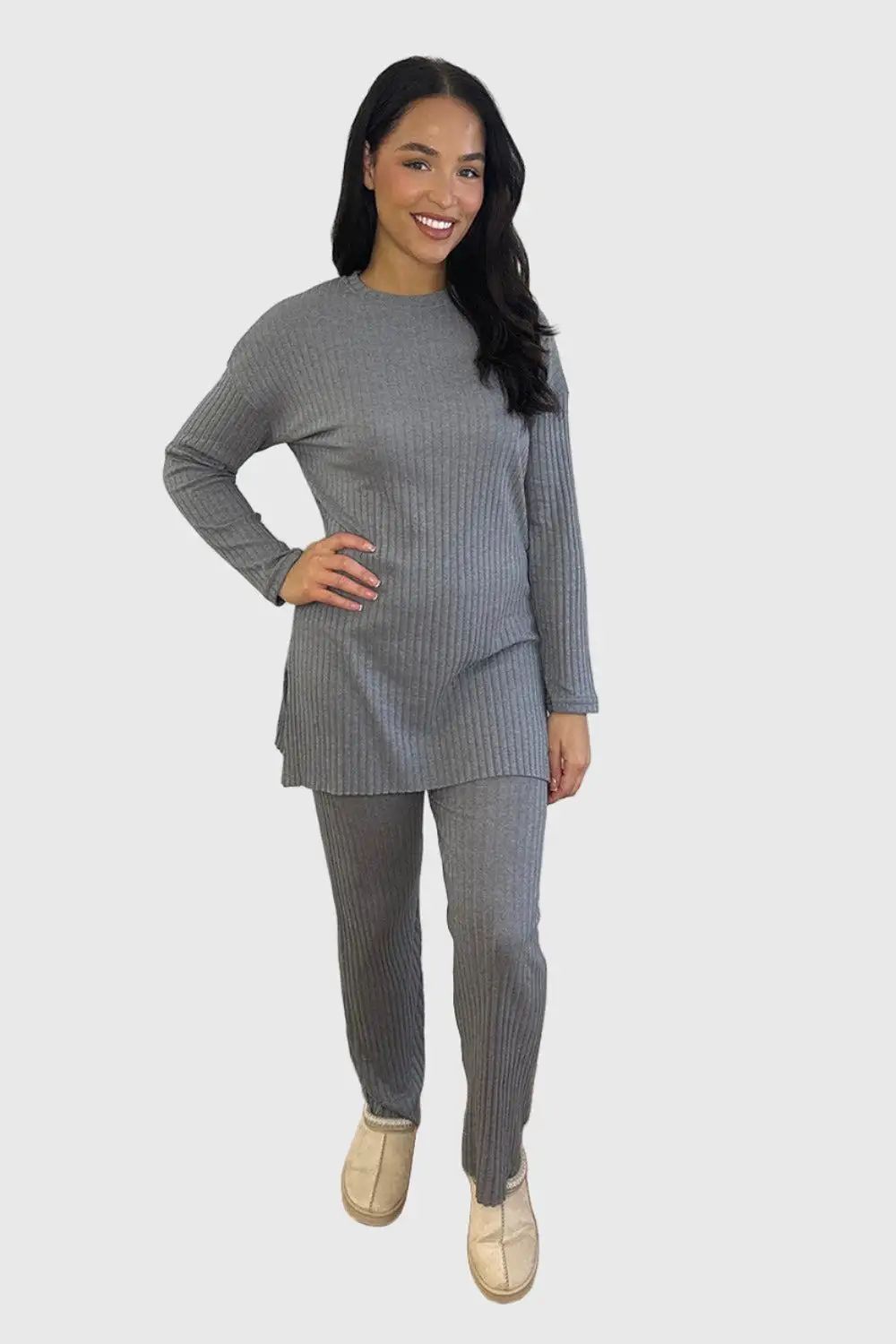 Ribbed Jersey High Neck Tunic And Trousers Set