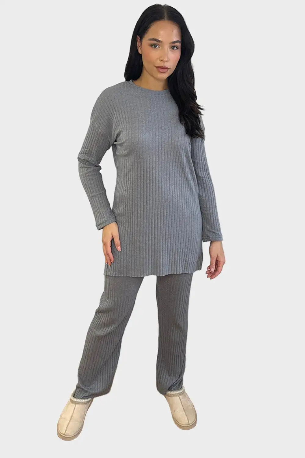 Ribbed Jersey High Neck Tunic And Trousers Set