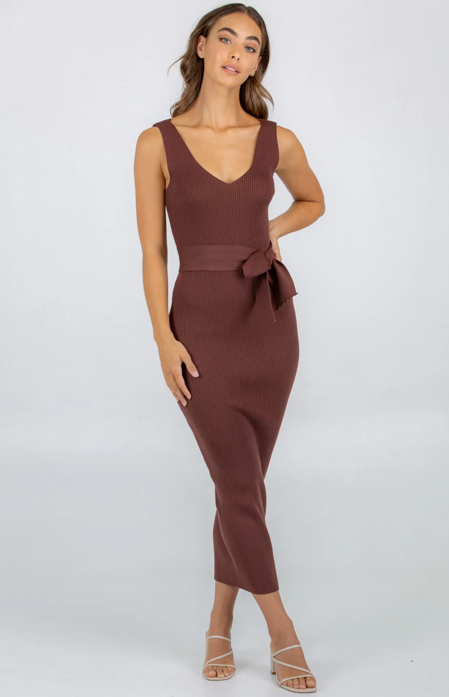 Ribbed Knit Midi Dress with Belt (SKN408)