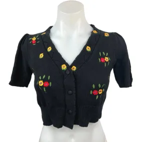 Rihoas Black Floral Embroidered V-neck Button Knit Crop Cardigan Sweater Top S