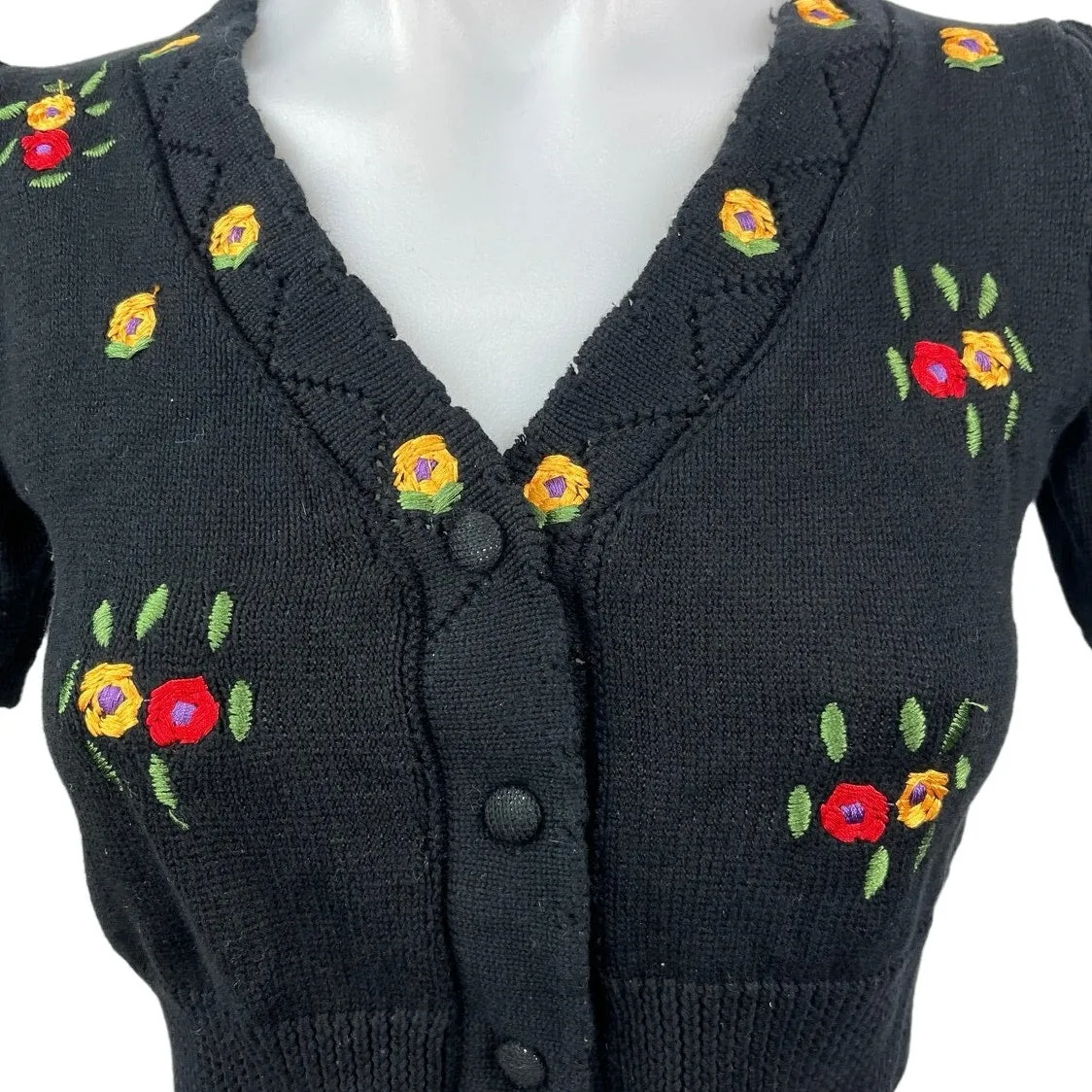 Rihoas Black Floral Embroidered V-neck Button Knit Crop Cardigan Sweater Top S