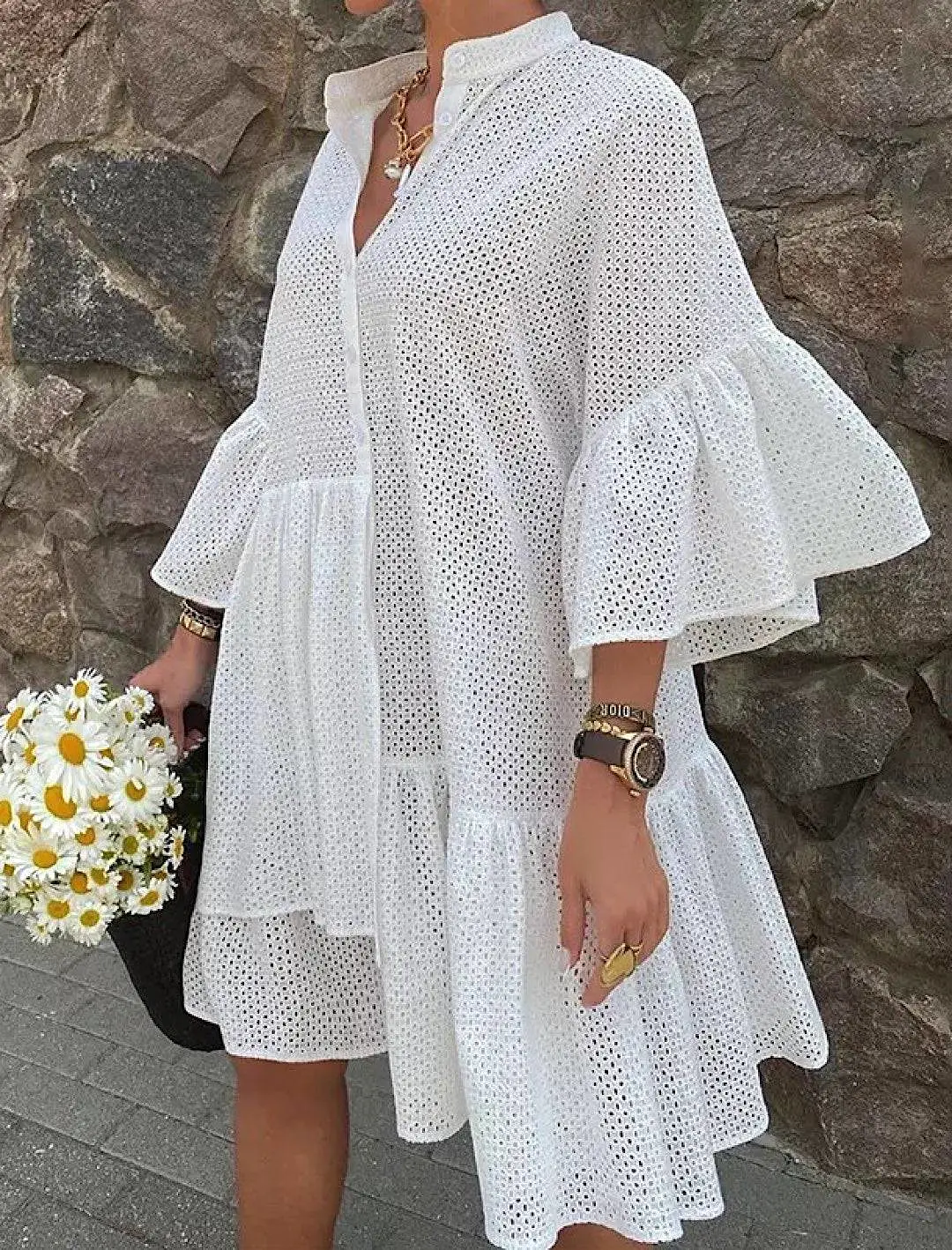 Ruffle Sleeve Hollow Out Shirt Dress