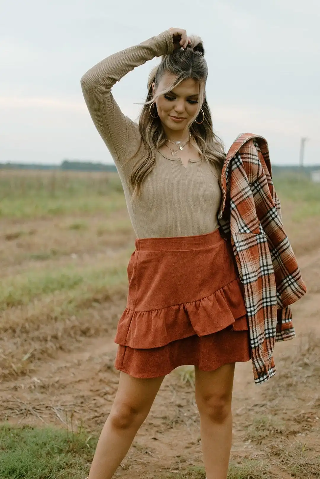 Rust Corduroy Two Tier Mini Skirt