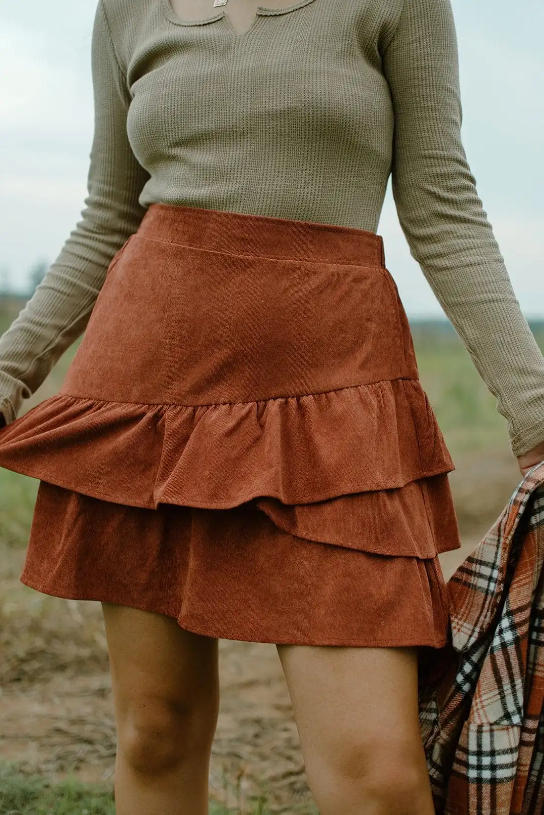 Rust Corduroy Two Tier Mini Skirt