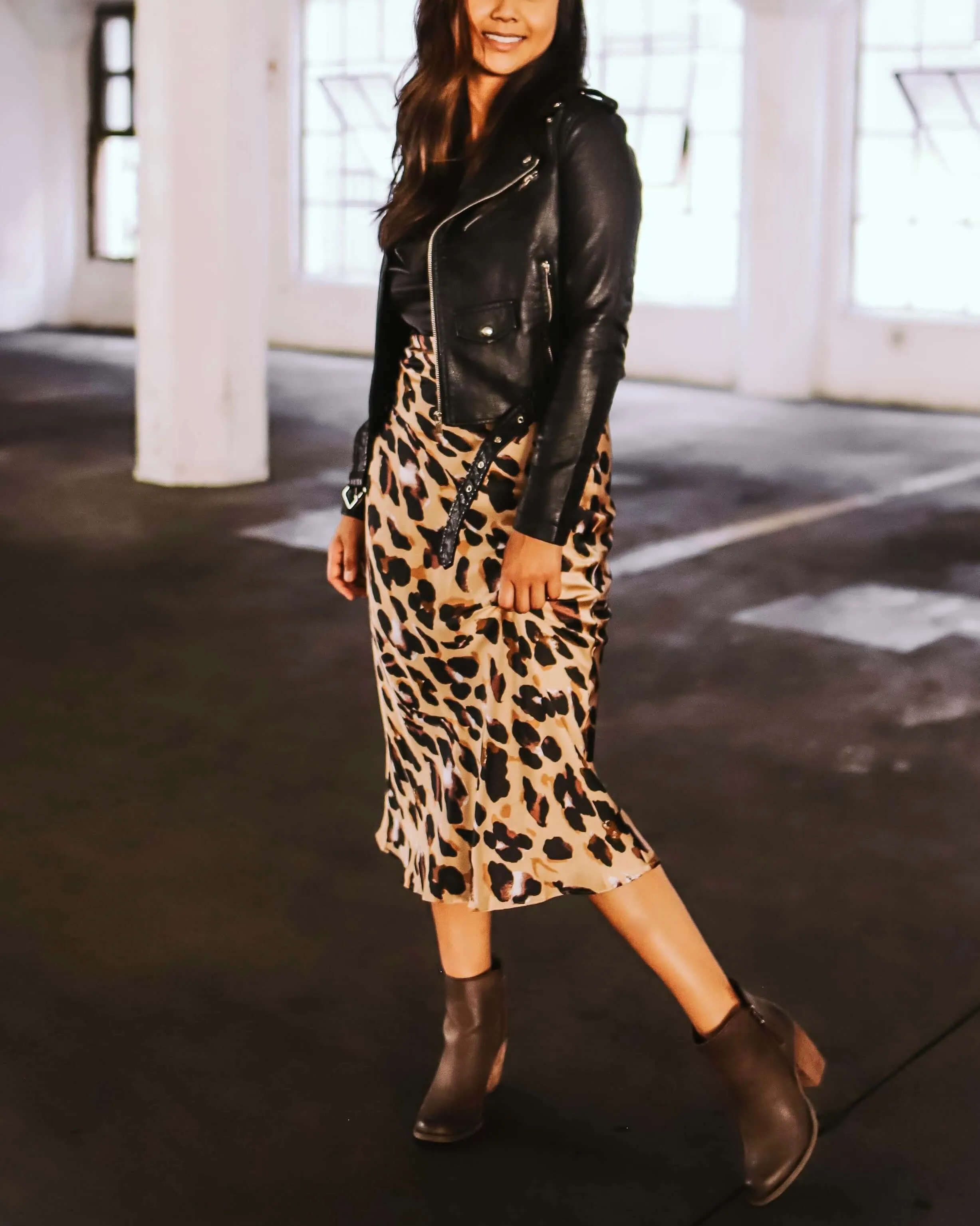 Satin Leopard Midi Skirt - Taupe Combo