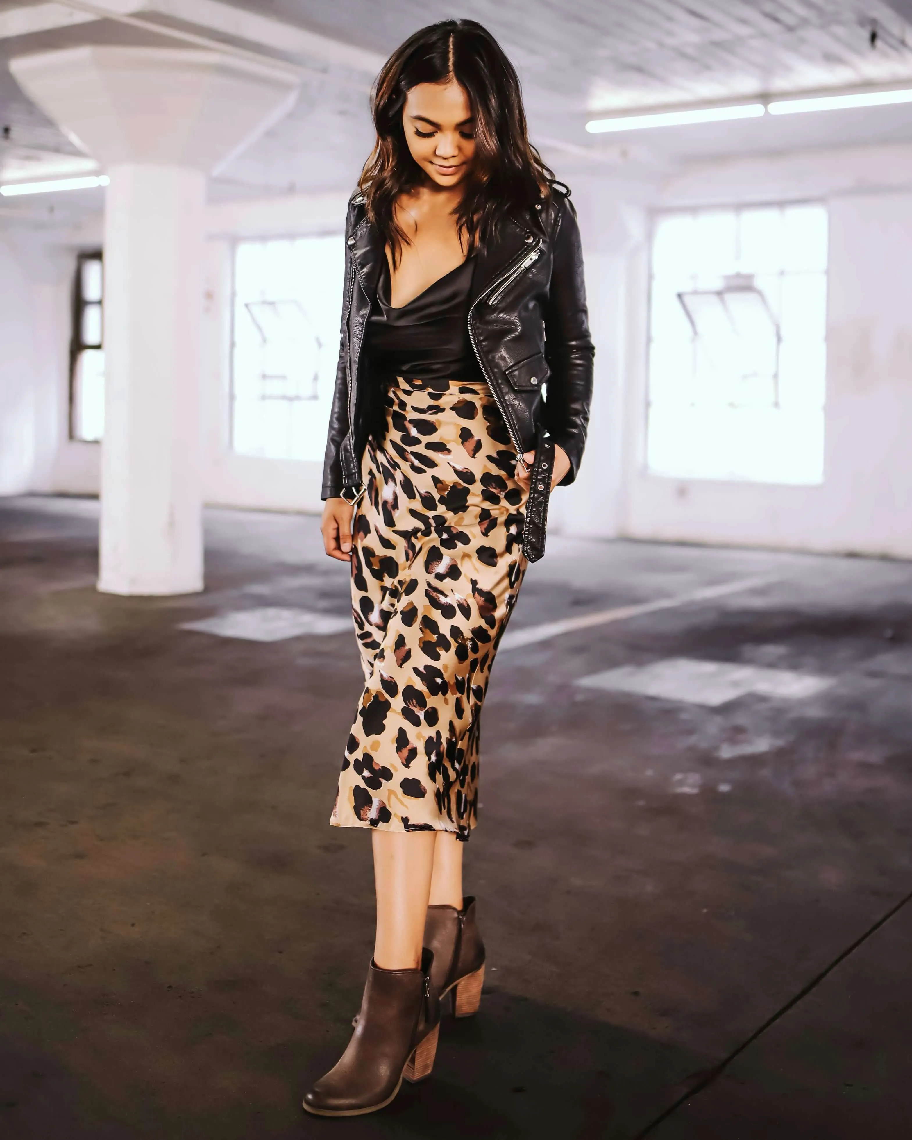 Satin Leopard Midi Skirt - Taupe Combo