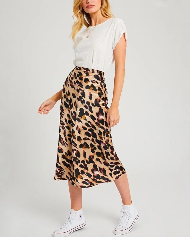 Satin Leopard Midi Skirt - Taupe Combo