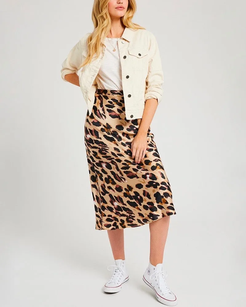 Satin Leopard Midi Skirt - Taupe Combo