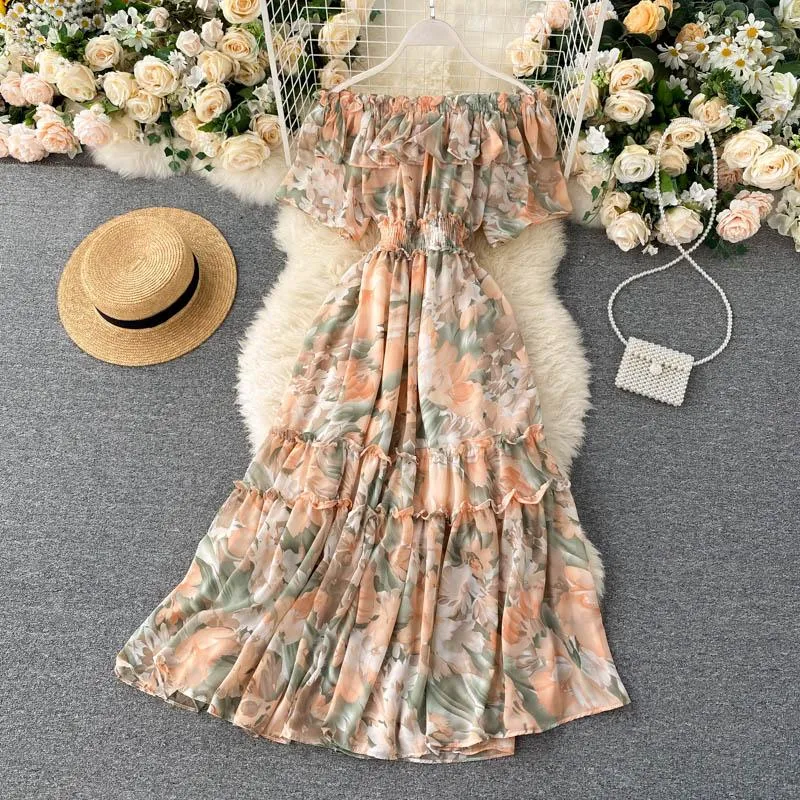 Sexy Off Shoulder Dress Summer Women Short Sleeve Ruffle Elegant Chiffon Midi Dress Floral Print Beach Dress Vacation